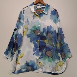 Habitat Medium M Linen Blend Blouse Top Watercolor Floral Button Down